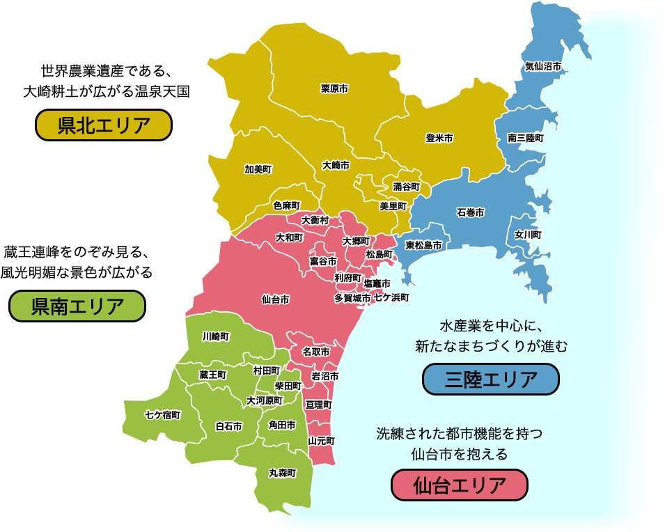 世界農業遺産である、大崎耕土が広がる温泉天国 県北エリア 蔵王連峰をのぞみ見る、風光明媚な景色が広がる 県南エリア 水産業を中心に、新たなまちづくりが進む 三陸エリア 洗練された都市機能を持つ仙台市を抱える 仙台エリア